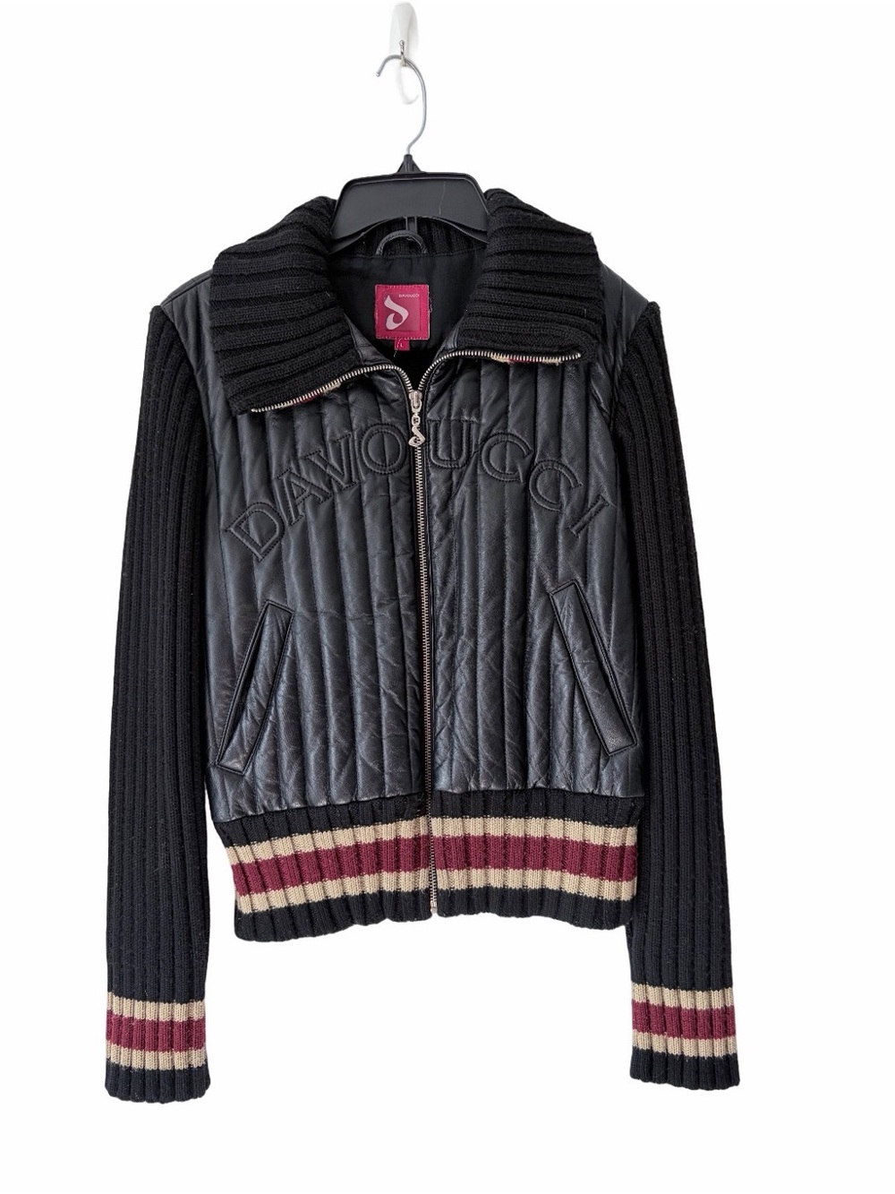 Davoucci Vintage Black Leather Quilted Logo Knit Sweater Zip Up Jacket large